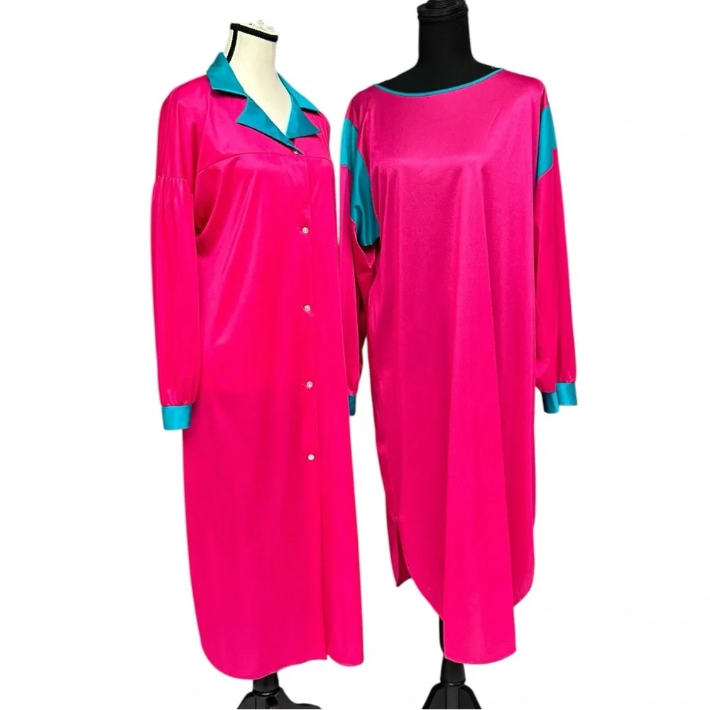 Vintage 80s Nylon Nightgown Robe Set Pink Teal Lounge Set Long Sleepwear